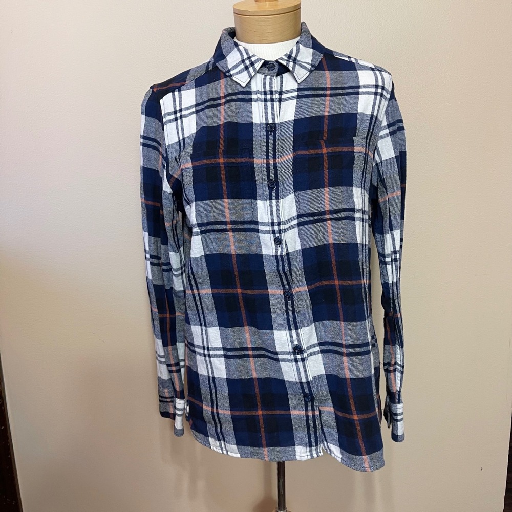 WOOLRICH Women's Large Plaid Flannel Button Up Shirt Blue White‎ Orange Cotton